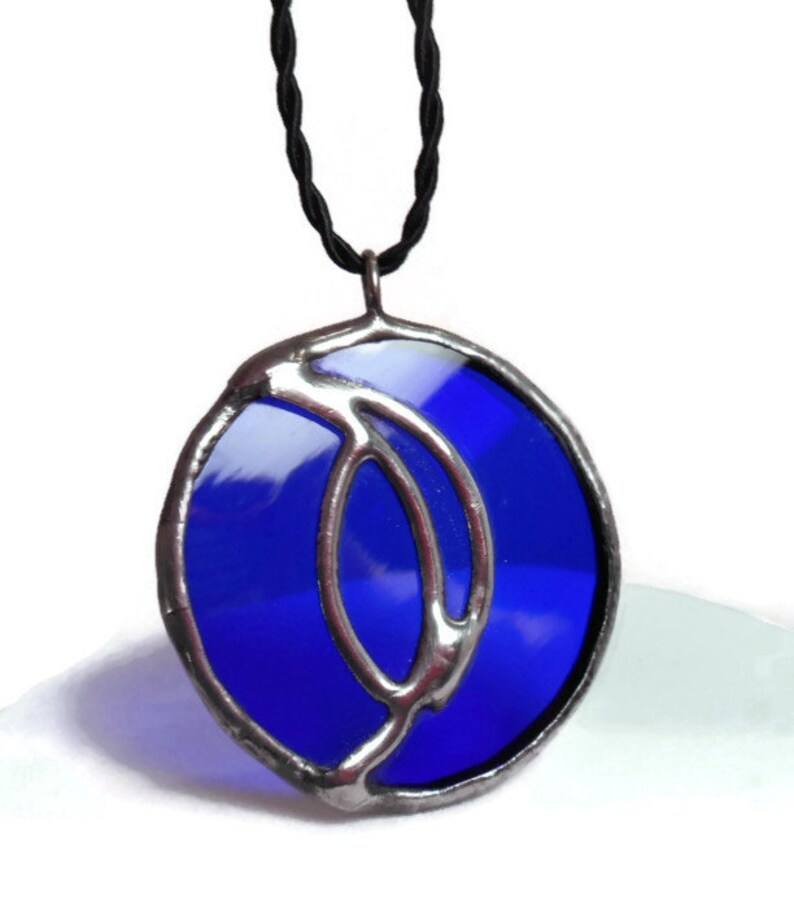 Stain Glass Jewelry Blue Glass Pendant Handmade Jewelry Silver Leaf
