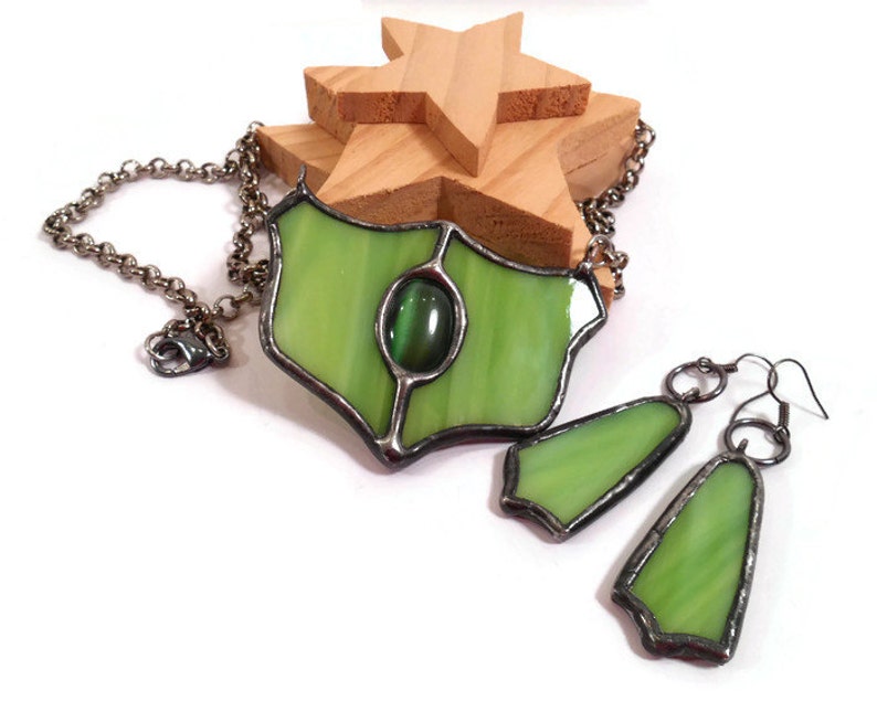 Stained Glass Jewelry Set Green Glass Necklace Earrings Set Handmade