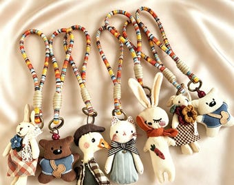 Cute Fabric Animal Keychain, Handmade Braided Cord Bag Charm, Bear Rabbit Cat Duck