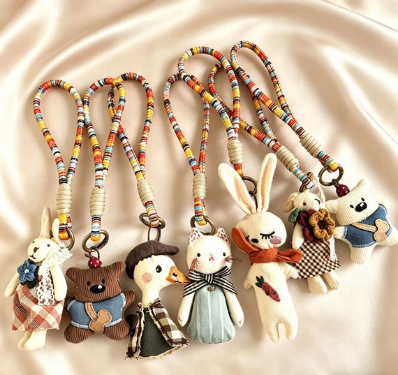 Cute Fabric Animal Keychain, Handmade Braided Cord Bag Charm, Bear Rabbit Cat Duck