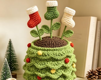 Christmas Crochet Tree Pot Arrangement, Stocking Forever Flower Bouquet, Winter Tiered Tray Decor