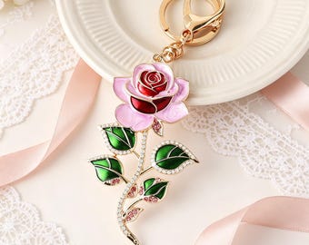 Enamel Rose Keychain with Rhinestones | Romantic Flower Bag Charm | Perfect Gift for Her, Mom, Bridesmaids & Wedding Favors
