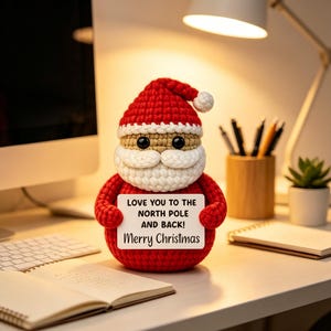 May include: A crocheted Santa Claus figurine in red and white yarn, featuring black bead eyes and a white beard. The figure holds a white rectangular sign with the black text: LOVE YOU TO THE NORTH POLE AND BACK! Merry Christmas.