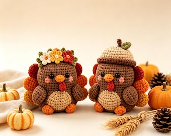 Crochet Thanksgiving Turkey Amigurumi Set, Fall Harvest Turkey Dolls, Flower Crown & Acorn Hat Autumn Table Decor