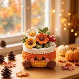 Gehaakte pompoenbloempot, Halloween-cadeau, handgemaakte herfstdecoratie met bloemen en paddenstoelen