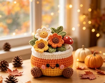 Crochet Pumpkin Flower Pot, Halloween Gift, Handmade Fall Floral Mushroom Decor