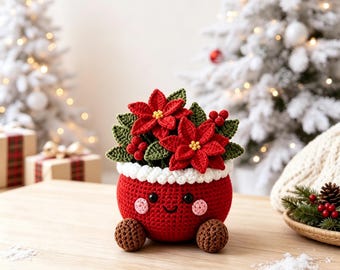 Crochet Christmas Flower Pot, Handmade Poinsettia Arrangement, Cute Xmas Table Decor