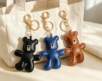 Genuine Leather Teddy Bear Keychain, Minimalist Bear Bag Charm, Cute Animal Purse Pendant for Backpack & Keys