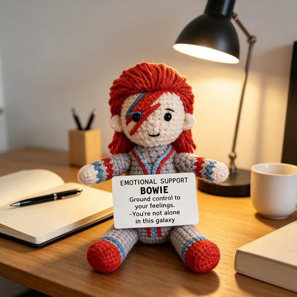 Peluche Bowie all'uncinetto per supporto emotivo, amigurumi per fan del rock, regalo divertente e confortante per tirarsi su di morale.