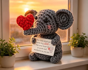 Crochet Elephant Amigurumi, Handmade Love Elephant Plush, Positive Message Companion Doll