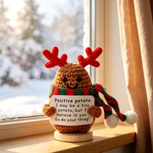 May include: A brown crocheted potato figure with red antlers, wearing a red and green striped scarf with white pom-poms. It holds a white sign that reads: Positive potato, I may be a tiny potato, but I believe in you. Go do your thing!