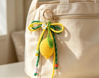 Crochet Lemon Keychain, Cute Summer Fruit Bag Charm, Cottagecore Handmade Bag Accessory