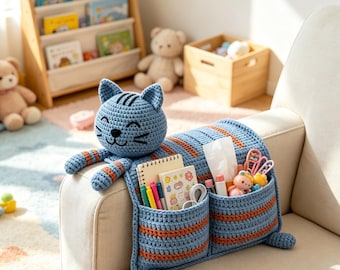 Crochet Cat Sofa Armrest Organizer, Handmade Striped Hanging Storage Caddy, Cottagecore Living Room Storage Gift