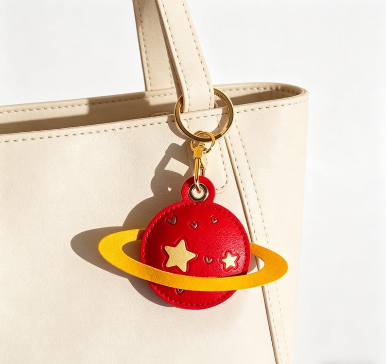 May include: A red planet-shaped keychain with a yellow ring, gold-colored hardware, and a small star and heart design. The keychain is attached to a cream-colored tote bag.