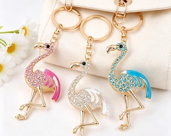 Rhinestone Flamingo Keychain, Crystal Bird Bag Charm, Tropical Flamingo Pendant Gift For Beach Lovers