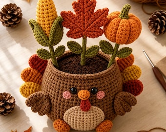 Crochet Thanksgiving Turkey Potted Plant, Fall Acorn Wheat Pinecone Forever Flower Arrangement, Autumn Table Tiered Tray Decor