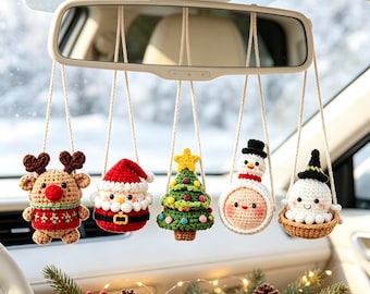 Crochet Christmas Car Hanging Ornament, Rearview Mirror Charm, Santa Reindeer Snowman Tree Car Decor