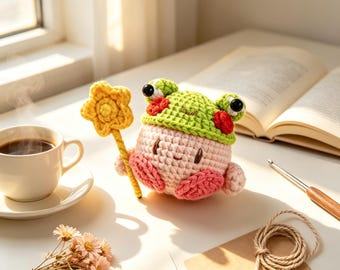 Kirby Crochet Amigurumi with Frog Hat, Handmade Cute Star Wand Kirby Plush, Kawaii Desk Decor Gift For Game Fans