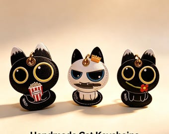 2026 Father's Day Gift,Cute Cat Keychain,  Cartoon Leather Keyring for Dad