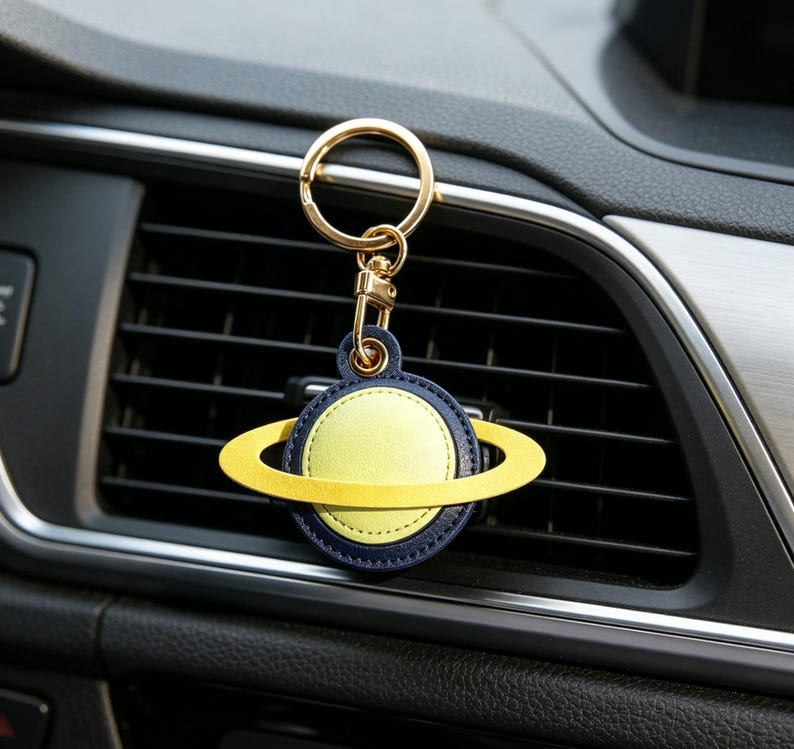 May include: A planet-shaped keychain with a gold ring and clasp. The planet design features a yellow center, a navy blue border, and a yellow ring around it. The keychain is hanging in front of a car's air vent.