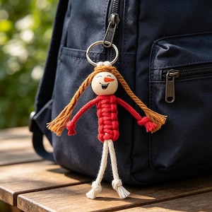 Puede incluir: Un llavero de macramé con una cabeza de cuenta de madera redonda con una cara sonriente pintada y una nariz de zanahoria naranja. La figura tiene cabello de hilo largo marrón, un torso de cordón rojo anudado y piernas de cordón crudo con pies anudados.