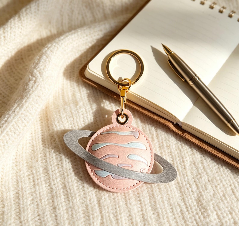 May include: A pink planet-shaped keychain with a gray ring, gold-colored hardware, and a matching clasp. The keychain is made of leather and has light blue and white accents. The keychain is lying on a white knitted surface.