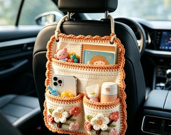 Crochet Floral Car Headrest Organizer, Handmade Multi-Pocket Hanging Storage Bag, Cottagecore Auto Storage Accessory