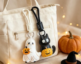 Cute Halloween Keychain, Ghost & Black Cat Pumpkin Bag Charm, Spooky Fall Accessory