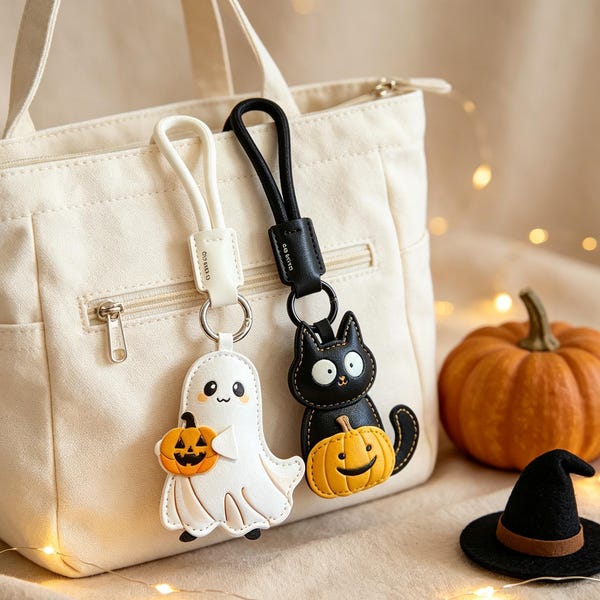 Cute Halloween Keychain, Ghost & Black Cat Pumpkin Bag Charm, Spooky Fall Accessory