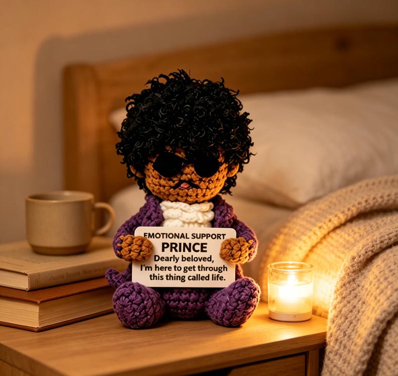 Crochet Emotional Support Prince Plush, Music Fan Amigurumi, Funny Cheer Up Gift For Her image 3
