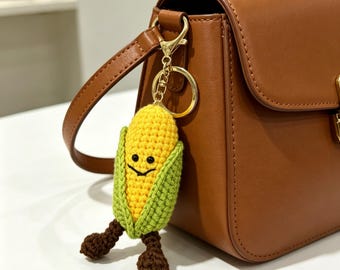 Cute Crochet Corn Amigurumi Keychain, Handmade Food Bag Charm