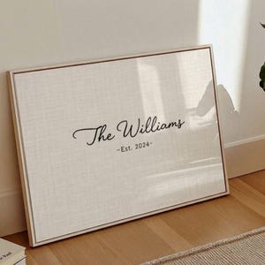 Può includere: Stampa su tela incorniciata con la scritta "The Williams - Est. 2024" in corsivo nero. La tela ha un aspetto bianco sporco strutturato ed è inserita in una cornice di legno chiaro. La stampa è appoggiata a una parete bianca su un pavimento in legno.