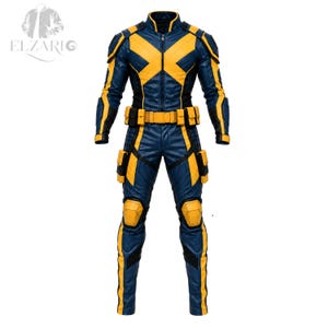 Può includere: Una tuta integrale in blu scuro e giallo brillante con cerniera centrale, cintura multiuso con tasche, sezioni imbottite su spalle e ginocchia e tasche laterali sulle gambe. Il petto presenta un grande design a forma di X gialla. Testo ELZARIO.