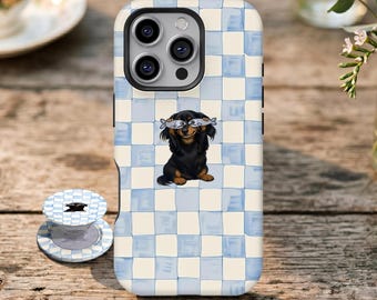 Funda para teléfono con estampado de perro salchicha a cuadros azules, funda adorable con diseño de perro salchicha para iPhone 17 16 15 14 13 12 11 Pro Max, Samsung Galaxy S26 S25 S24 S23 Ultra