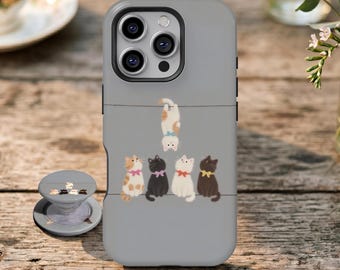 Funda con diseño de gato adorable, gato kawaii, gatos de dibujos animados en un cable, regalo minimalista para amantes de los gatos, compatible con iPhone 17, 16, 15, 14, 13, 12, 11 Pro Max y Samsung Galaxy S26, S25 Ultra.