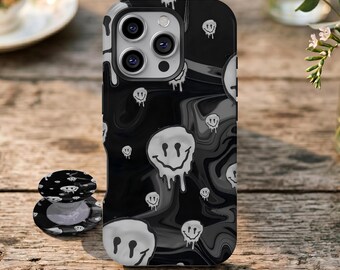 Black Silver Melting Smiley Print Phone Case, Goth Y2K Street Art, For iPhone 17 16 15 14 13 12 11 Pro Max, Samsung Galaxy S26 S25 S24 Ultra