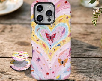 Funda para teléfono con mariposa y corazón de acuarela caprichosa, funda estética de ensueño para iPhone 17 16 15 14 13 12 11 Pro Max, Samsung Galaxy S26 S25 Ultra