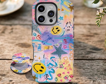 Funda para teléfono con diseño de graffiti colorido y sonrisa, estilo pastel kawaii, para iPhone 17 16 15 14 13 12 11 Pro Max, Samsung Galaxy S26 S25 S24 S23 Ultra