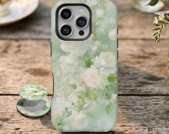 Funda para teléfono con estampado floral estético, funda botánica vintage verde y blanca para iPhone 17 16 15 14 13 12 11 Pro Max, Samsung Galaxy S26 S25 Ultra