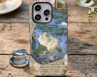 Funda para teléfono con collage de cisnes y nenúfares estilo vintage, Dark Academia Cottagecore, para iPhone 17 16 15 14 13 12 11 Pro Max, Samsung Galaxy S26 S25 Ultra