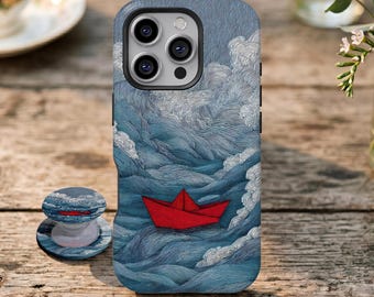 Red Paper Boat Stormy Sea Phone Case,Vintage Minimal Ocean Art,For iPhone 17 16 15 14 13 12 11 Pro Max, Samsung Galaxy S26 S25 S24 S23 Ultra