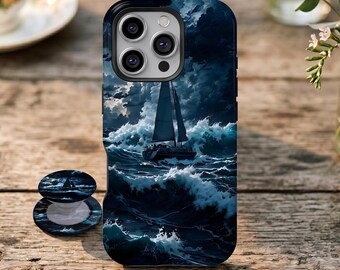Brave Sailboat Swirling Ocean Waves Phone Case,Deep Blue Seascape ,For iPhone 17 16 15 14 13 12 11 Pro Max, Samsung Galaxy S26 S25 S24 Ultra