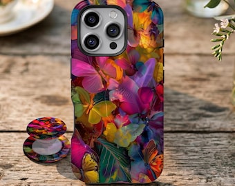 Färgglada fjärilar mobilskal, retro vibrerande dopamin flickaktigt konst, för iPhone 17 16 15 14 13 12 11 Pro Max, Samsung Galaxy S26 S25 S24 Ultra