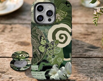 Dark Green Vintage Floral Butterfly Collage Phone Case, Retro Cottagecore, For iPhone 17 16 15 14 13 12 11 Pro Max, Samsung Galaxy S26 Ultra