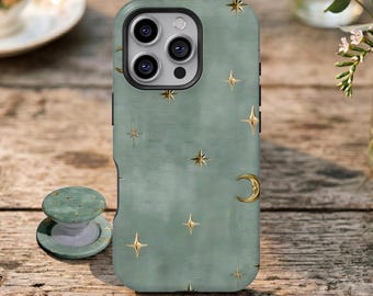 Funda para teléfono Green Celestial, cubierta de luna y estrellas, estética mística vintage, iPhone 17 16 15 14 13 12 11 Pro Max, Samsung Galaxy S26 S25 Ultra