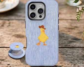Funda protectora para teléfono con diseño de pato de mezclilla a rayas azules, funda adorable con forma de patito, compatible con iPhone 17, 16, 15, 14, 13, 12, 11 Pro Max y Samsung Galaxy S26, S25 y S24 Ultra.