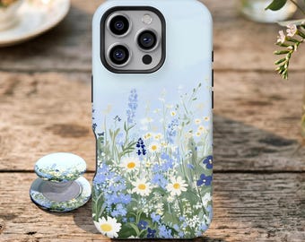 Funda para teléfono con estampado de flores silvestres azul claro, flor de primavera, margarita blanca, mariposa, iPhone 17 16 15 14 13 12 11 Pro Max, Samsung Galaxy S26 S25 Ultra