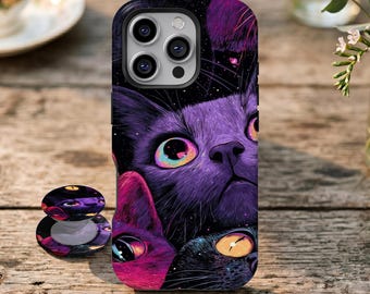Neon Galaxy Cats Phone Case,Retro Psychedelic Cat Lover Aesthetic ,For iPhone 17 16 15 14 13 12 11 Pro Max, Samsung Galaxy S26 S25 S24 Ultra