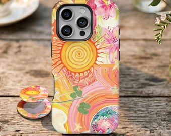Orange Pink Sun Moon Floral Collage Phone Case,Retro Boho Hippie Nature,For iPhone 17 16 15 14 13 12 11 Pro Max,Samsung Galaxy S26 S25 Ultra