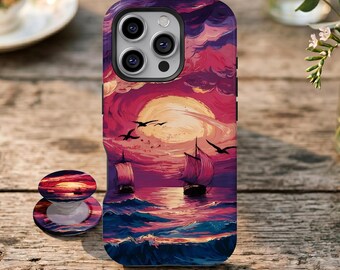 Funda para teléfono con diseño de velero, nubes y remolinos de color rosa y morado, arte náutico original, para iPhone 17 16 15 14 13 12 11 Pro Max, Samsung Galaxy S26 S25 Ultra